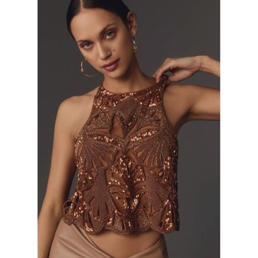 Maeve Embellished Cutwork Cross-Back Tank Copper Brown Beaded Sequin Top